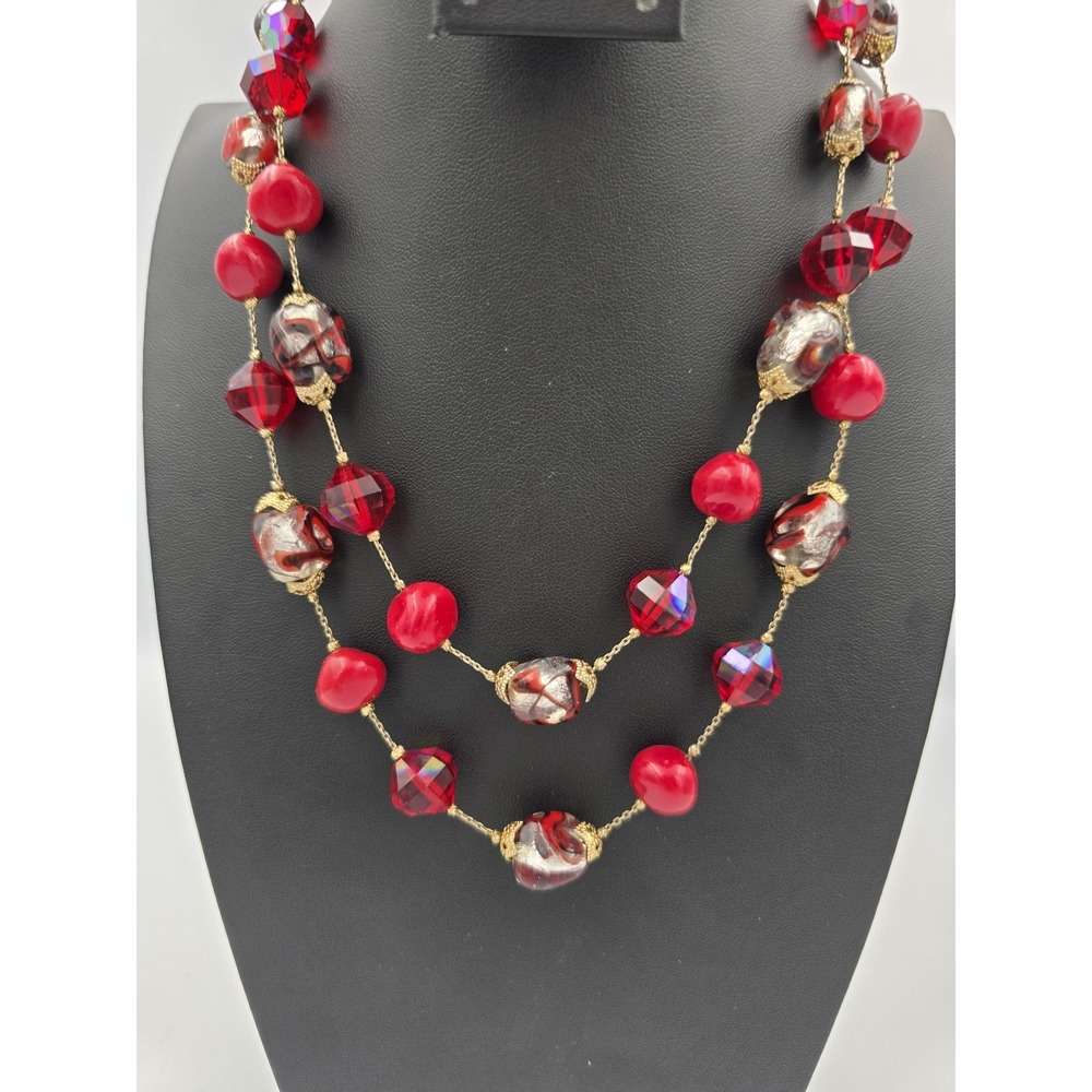 Vintage‎ Vendome Red Art Glass Bead Double Strand Necklace Fleur de Lis Clasp